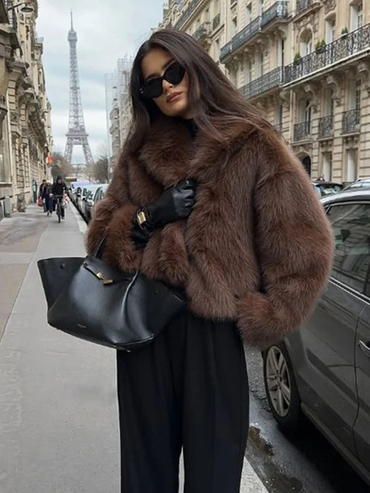 Zadorin casaco de pele sintética marrom, de alta qualidade, gola grande, solto, fofo, jaqueta de pele sintética, roupas de inverno, casaco de pele falsa