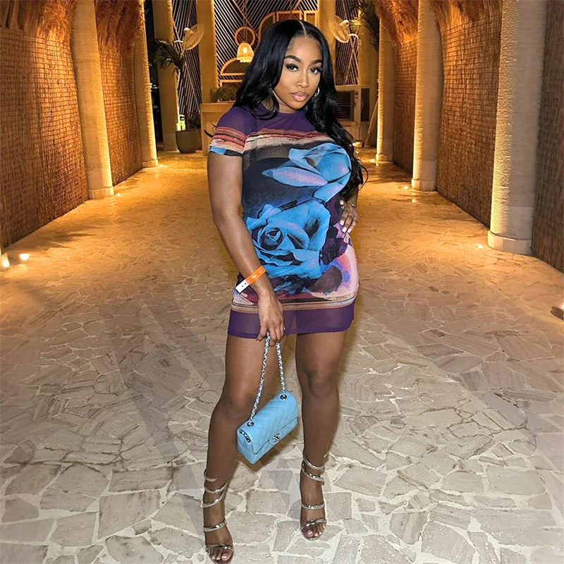 Women 2025 Summer Floral Print Sheer Mesh Sexy Mini Party Dress Short Sleeve O Neck Perspective Night Club Dress Ladies Clothing