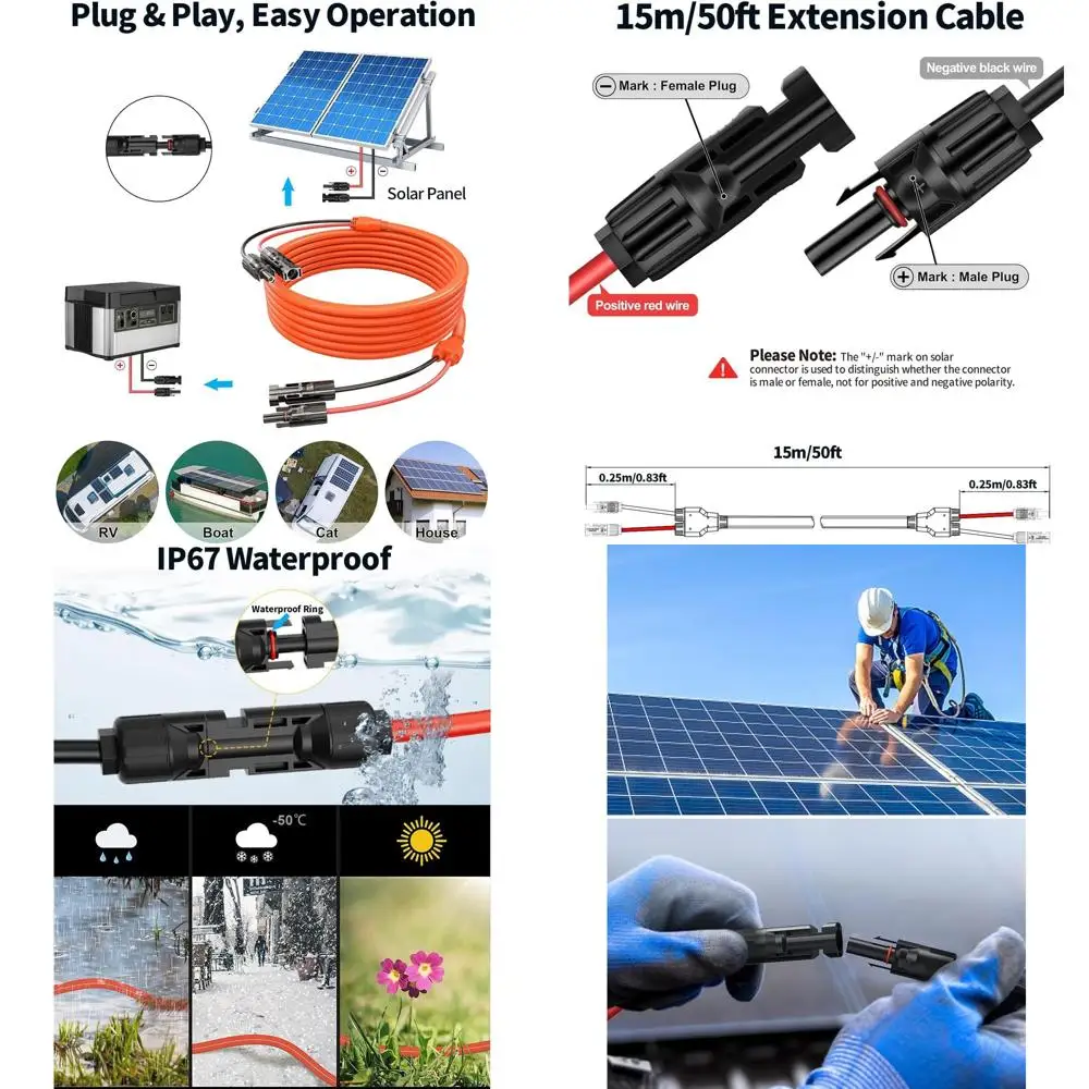 

Удлинительный кабель 10AWG 50T 15M с цельным проводом 6 мм², класс защиты IP68, подходит для дома, автодомов и солнечных систем