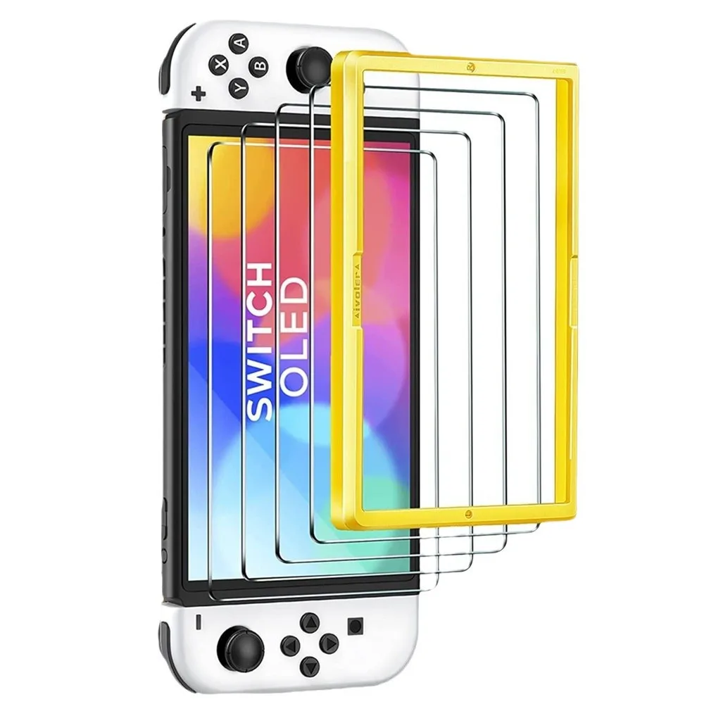 For Nintendo Switch OLED 4-Pack Tempered Glass – 9H Hardness Screen Protector with Alignment Frame Anti-Scratch Bubble-Free Kit