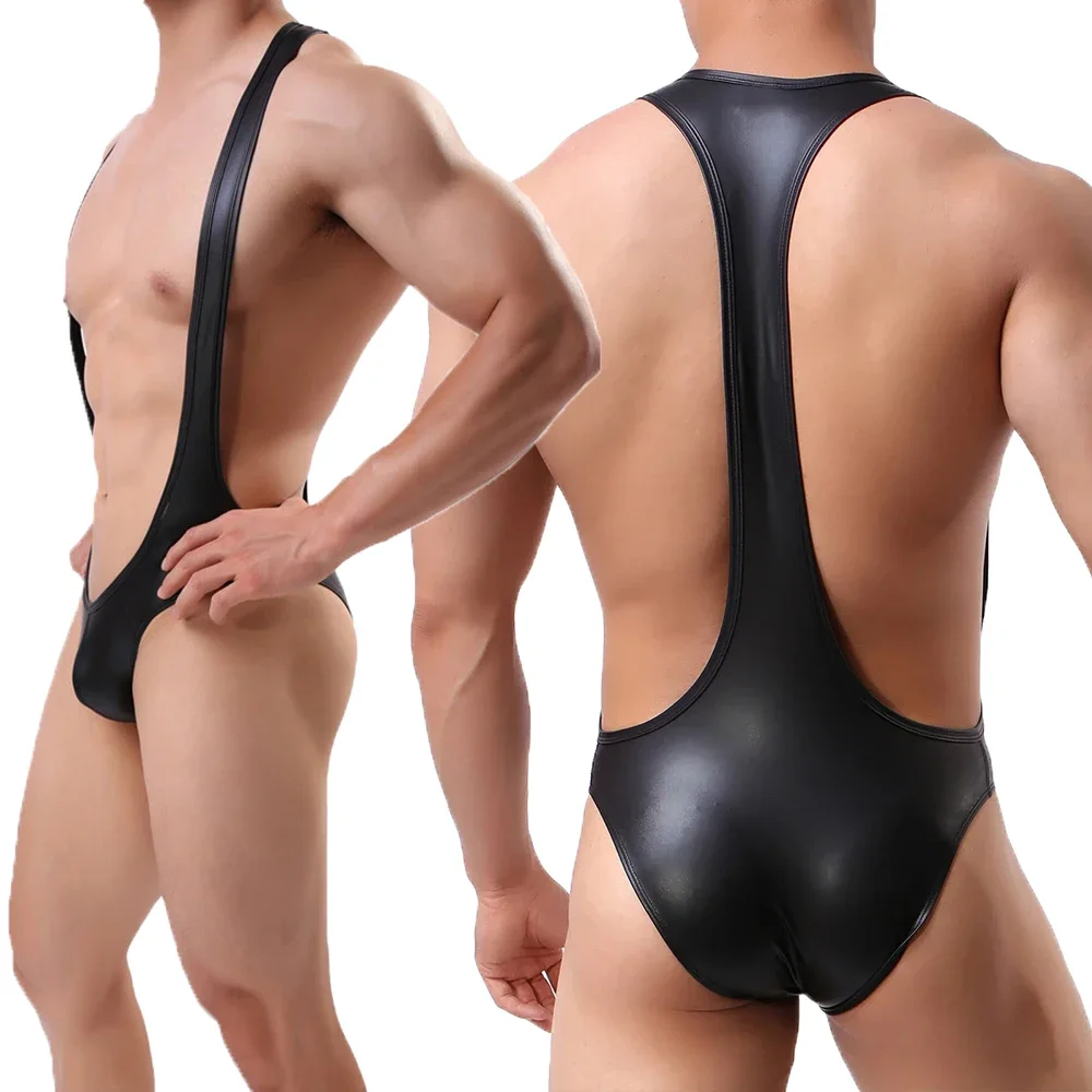 Sexy Sissy Men Bodysuit Faux Leather Leotard Undershirt Penis Pouch Wrestling Singlet Jumpsuit Underwear Men Leather Sex Catsuit