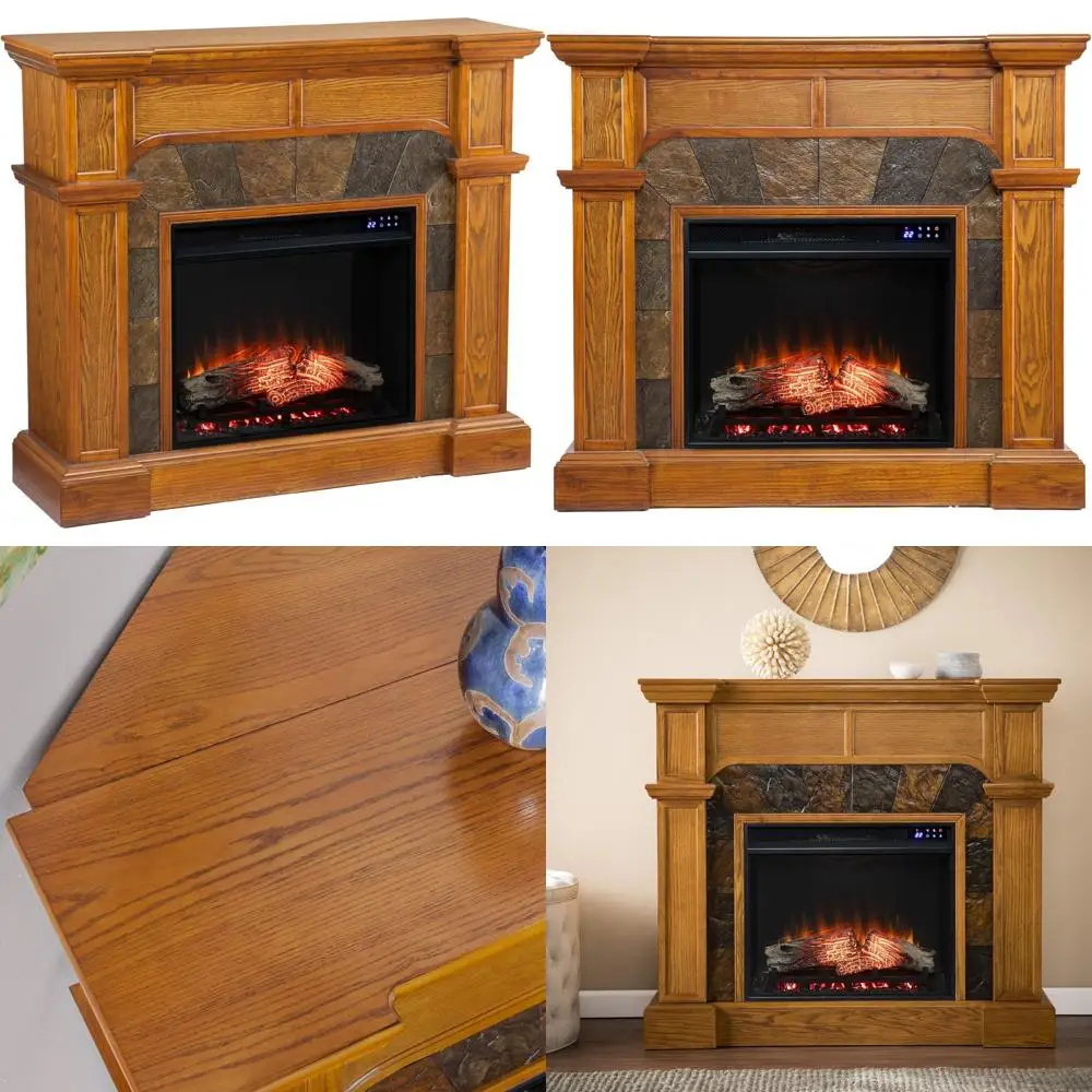 

Угловой электрический камин SEI Furniture Cartwright с плиткой земли и отделкой из дуба New Mission