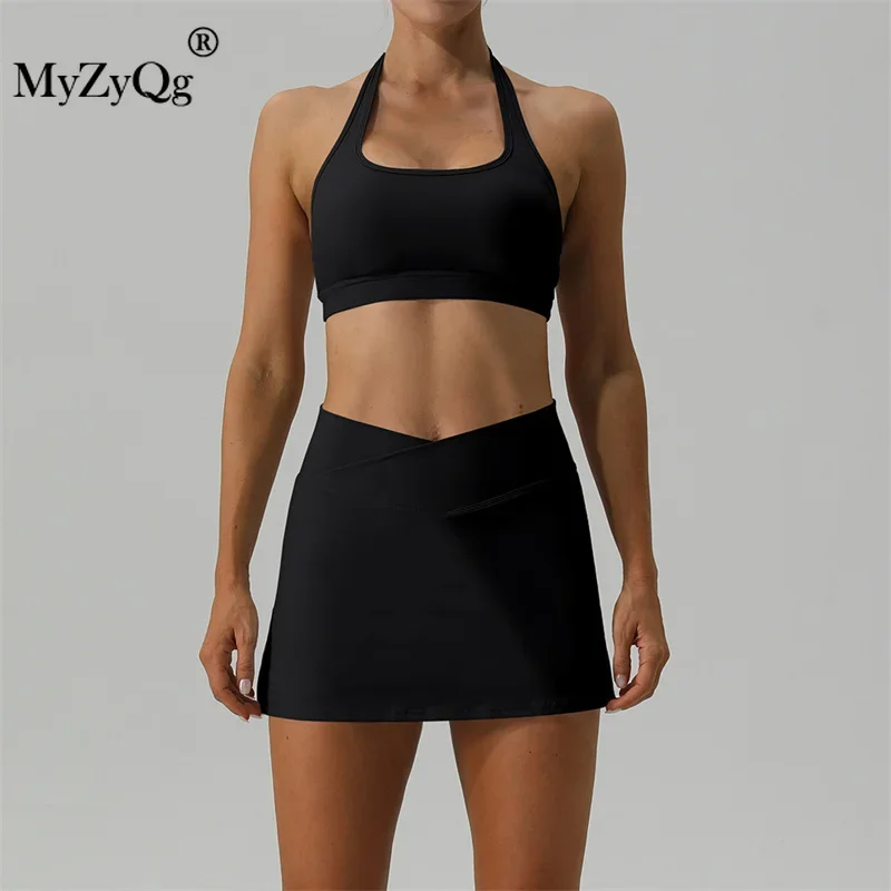 MyZyQg ผู้หญิงชุดฤดูใบไม้ผลิ Nude เทนนิส Bra กระโปรงชุดกลางแจ้ง Quick-drying Running Fitness Wear Halter Vest ชุด