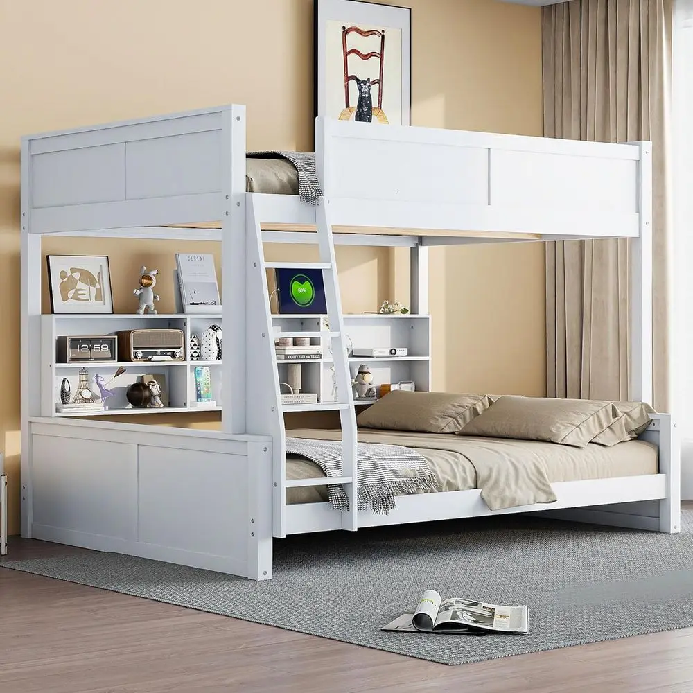 

XL Size Queen Over Queen Bunk Bed with Storage, USB Ports, Bookcase, Suitable for Kids and Adults, Antique White