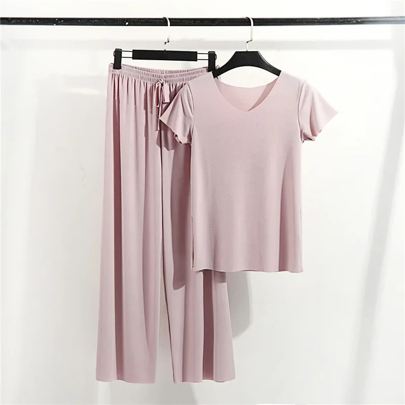 Nuevo conjunto de pijamas de primavera y verano para mujer, pantalones de manga corta de Modal, camiseta de dos piezas con cuello en V, ropa de