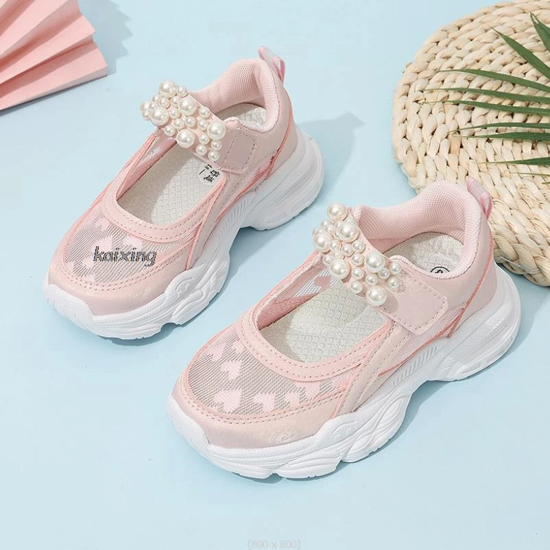 Summer Love Kids Sneakers Fashion White Mesh Sports Shoes For Girls Hollow Out Soft Breathable Beads Children Running Shoes