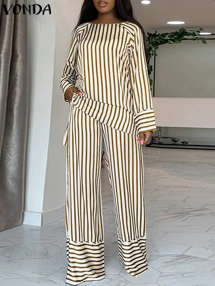 VONDA 2PCS Matching Sets Women Pant Sets 2023 Autumn Long Sleeve Stripe Tops and High Waist Pants Fashion Casual Elegant Suit