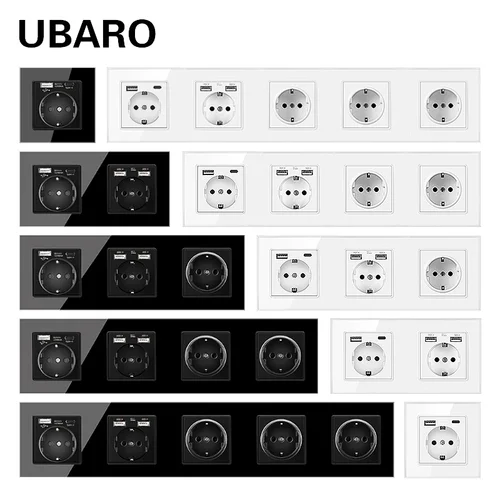 UBARO EU 표준 강화 된 고급 크리스탈 유리 패널 벽 소켓 전원 콘센트 전기 Usb 유형 C 5V 2100mA Ac110-250V 16A 