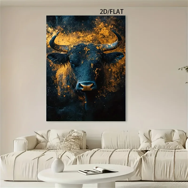 2D Flat, 1pc Black Bull Head with Horns Canvas Art Print - Frameless 31.49x47.24 Inch Wall Decor for Living Room, Bedroom, Kitch