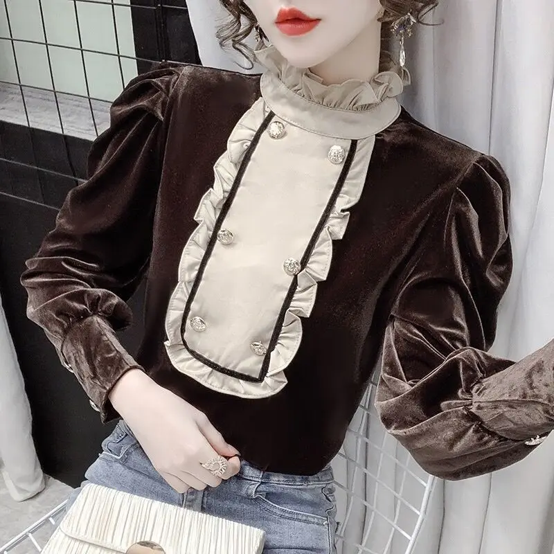 

Blouse Women Pleuche Top Women's Clothing 2024 Spring Fall Spliced Ruffles Turtleneck Blusas Ropa De Mujer Female Pullovers B266