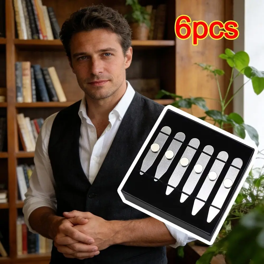 6Pcs Durable Stainless Steel Collar Stays Magnetic with Box Shirt Bone Stiffener Inserts Collar Support for Business Men