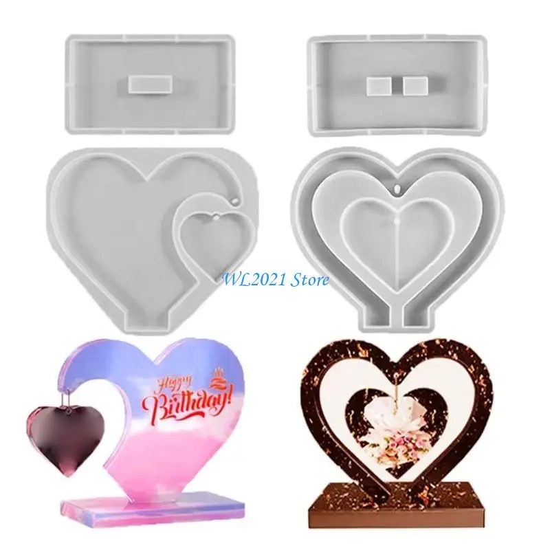G5GC Double Heart Photo Frame Silicone Mold with Base Bracket Epoxy Resin Jewelry Tool Making Diy Craft Home Decorations