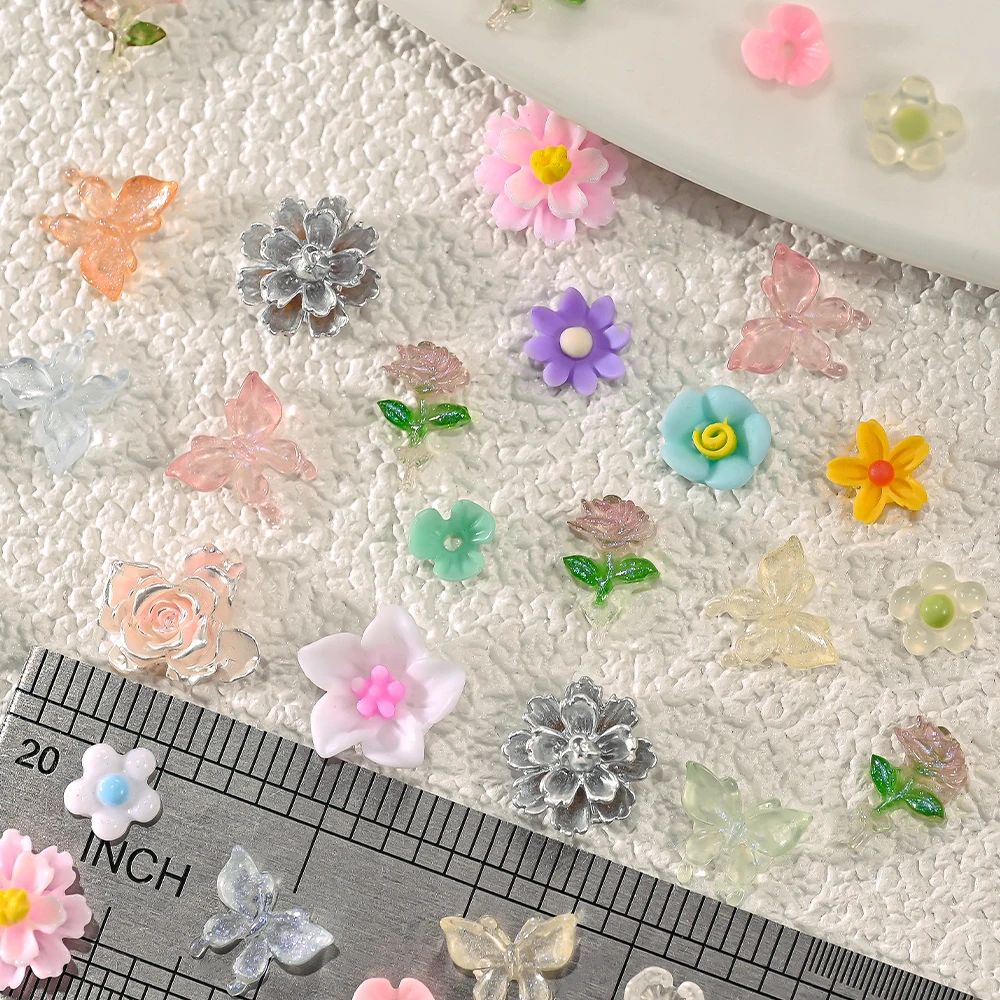 300 個透明光沢のあるローズ蝶 3D ネイルデコレーション混合花カラフルなネイルアートチャームヒラタマニキュアクラフトアクセス
