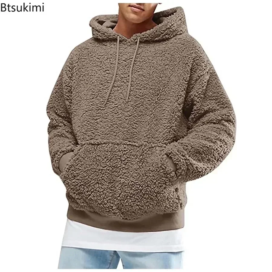 2024 Men\'s Thick Warm Fluffy Hoodie Pullover Fleece Sweatshirt Tops Autumn Winter Casual Hooded Solid Hoodies Coat Jumper Male