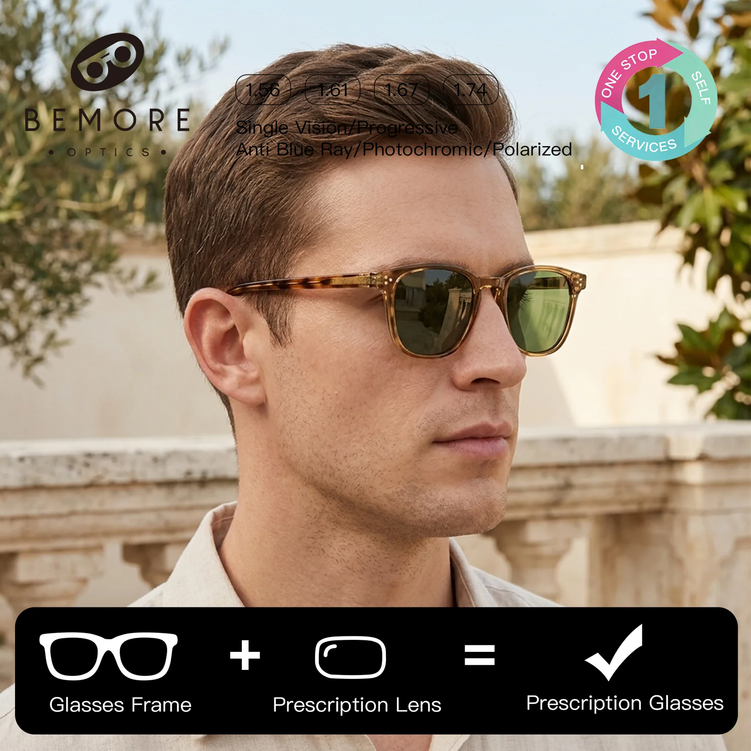 BEMORE Square Polarized Prescription Sunglasses Man Acetate Varifocal Myopic UV400 Optical Summer Sunscreen Sun Glasses
