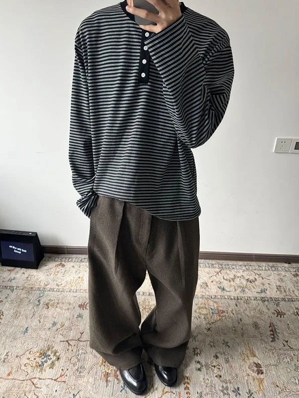 قميص رجالي بأكمام طويلة على الطراز الأمريكي، قميص أساسي مخطط بياقة هنري، ملابس خريفية كاجوال فضفاضة ومريحة