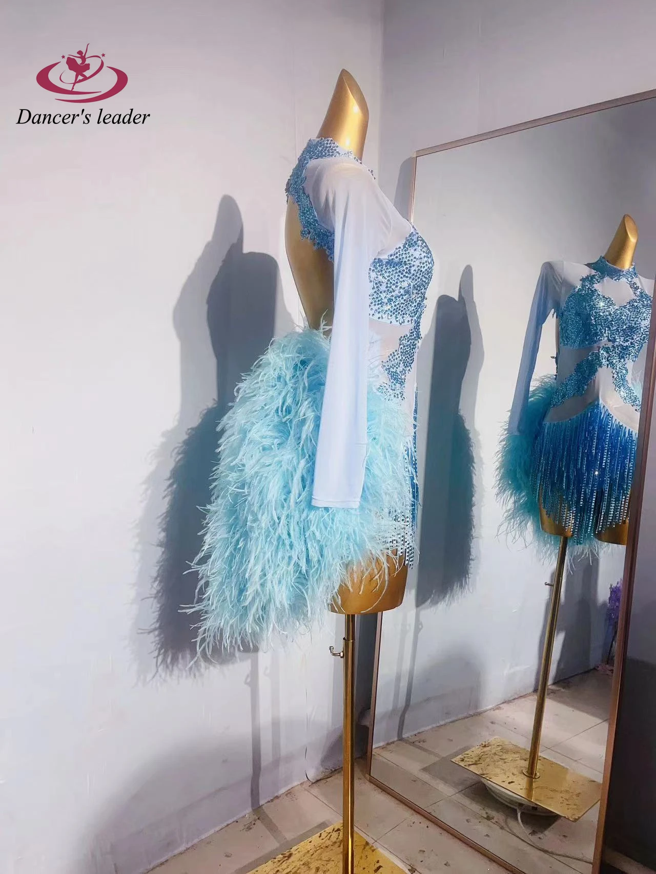 Latin Dance Women's High end Customized Mesh Fluffy Tail Flower Clothing Samba Art Performance Clothing High Flash Dress