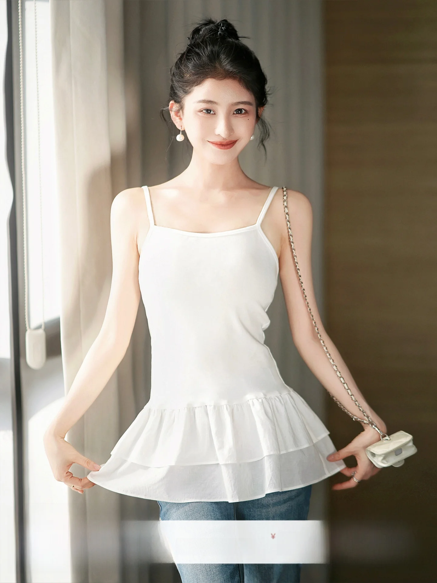 

Женская майка-топ из модального хлопка с регулируемыми бретелями, двойным слоем и высокой эластичностью, для делового повседневного стиля, с круглым вырезом