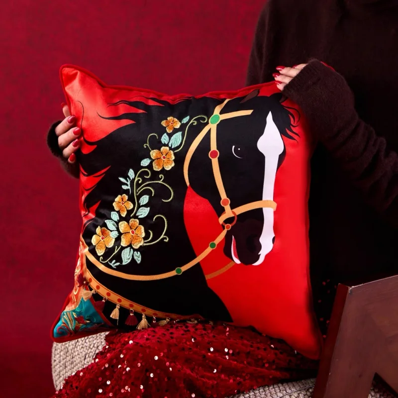 Luxury Embroidered Horse Pillow Cover | Vibrant Red & Black Satin Cushion Case with Tassel | Retro Chinese Palace Style For Sofa