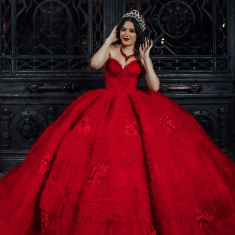 

Red Princess Quinceanera Dresses Off Shoulder Applique Lace Beading Crystal Tiered Tull Sweet 16 Dress Ball Gown Vestidos 15 Ano