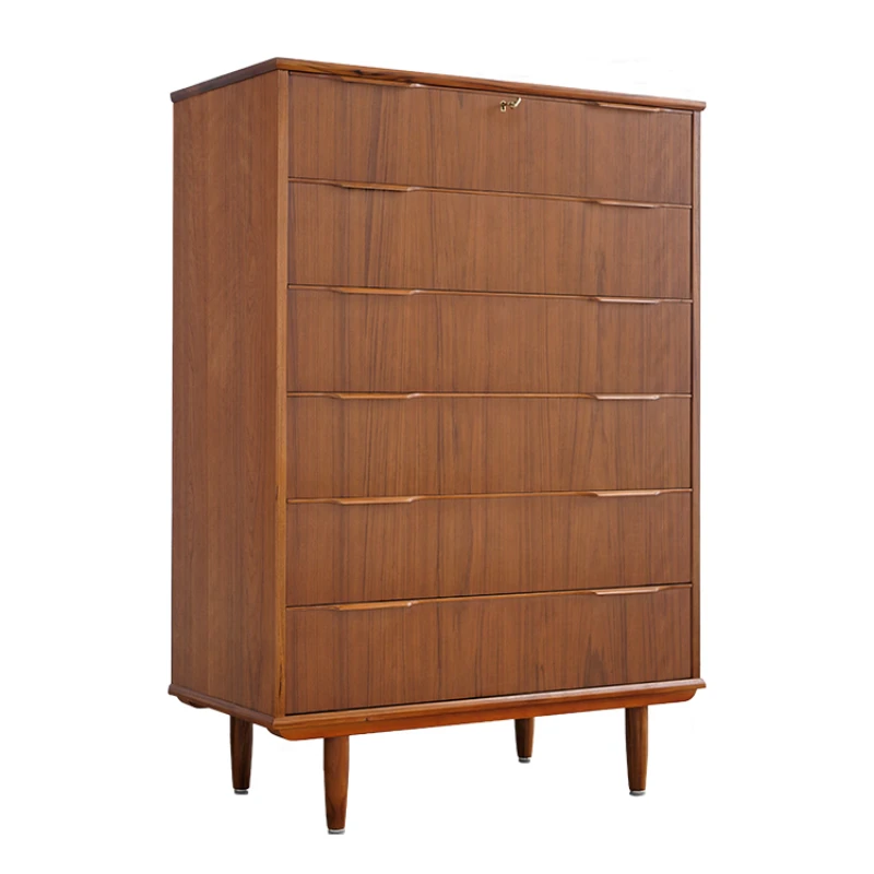 

Teak six bucket cabinet MCM bedroom wall facing retro storage Cherry wood medieval