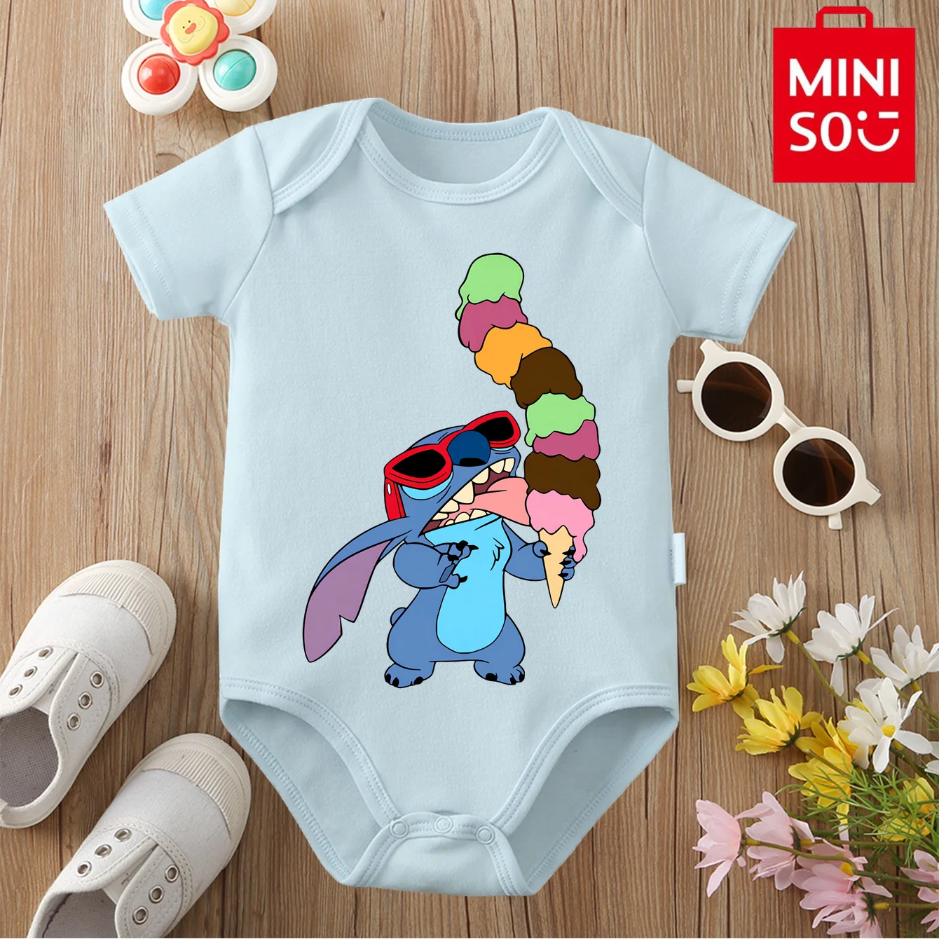 

MINISO & Disney Jointly подпись, 100% хлопок, детская одежда, детский комбинезон, боди с милым принтом для новорожденных от 0 до 12 месяцев