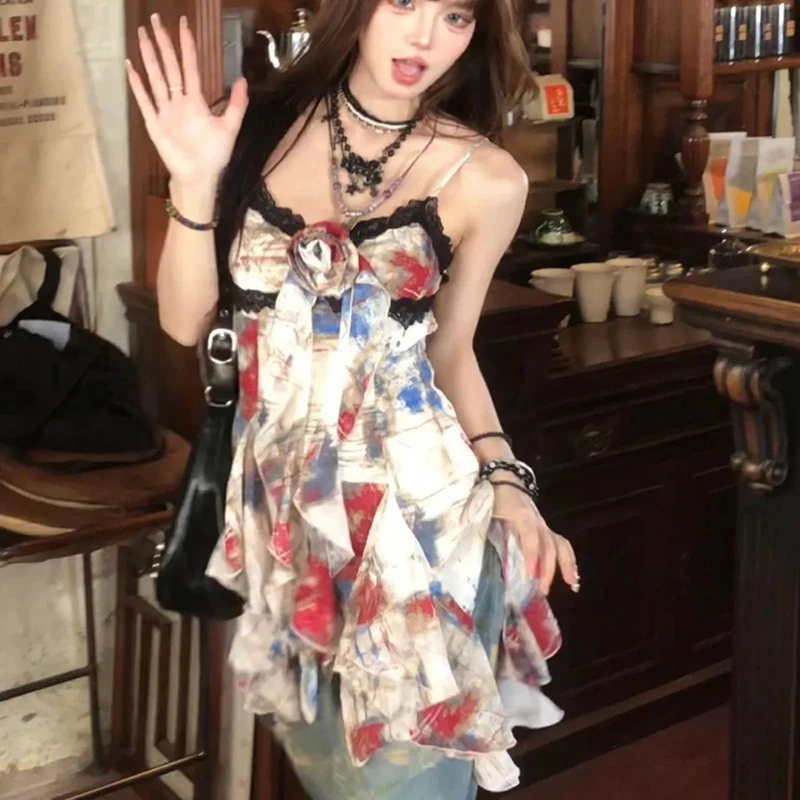 

American Sexy Lace Camisole Vest Women Oil Painting Slim Sleeveless Harajuku Top Y2K Ruffle Ribbon 3D Flower Tank