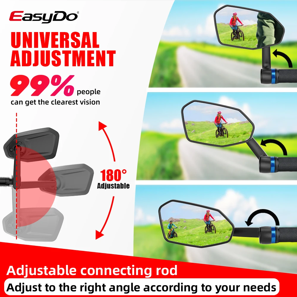 EasyDo Bicycle Rearview Mirror 360 Rotatable Bike Mirror Extended Mirror Arm Flat Handlebar Electric Scooter Bicycle Accessories