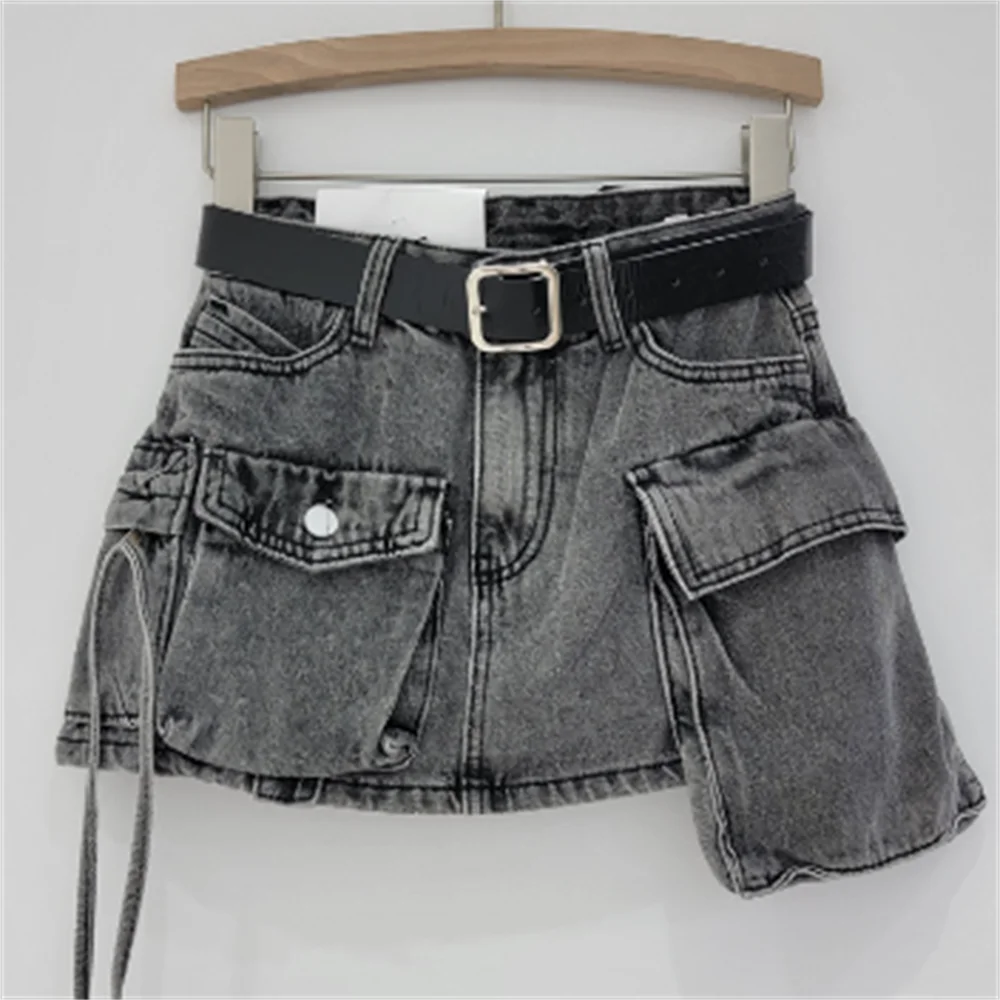 Irregular overalls denim short skirt women's high waist spring and summer girl pocket skirt