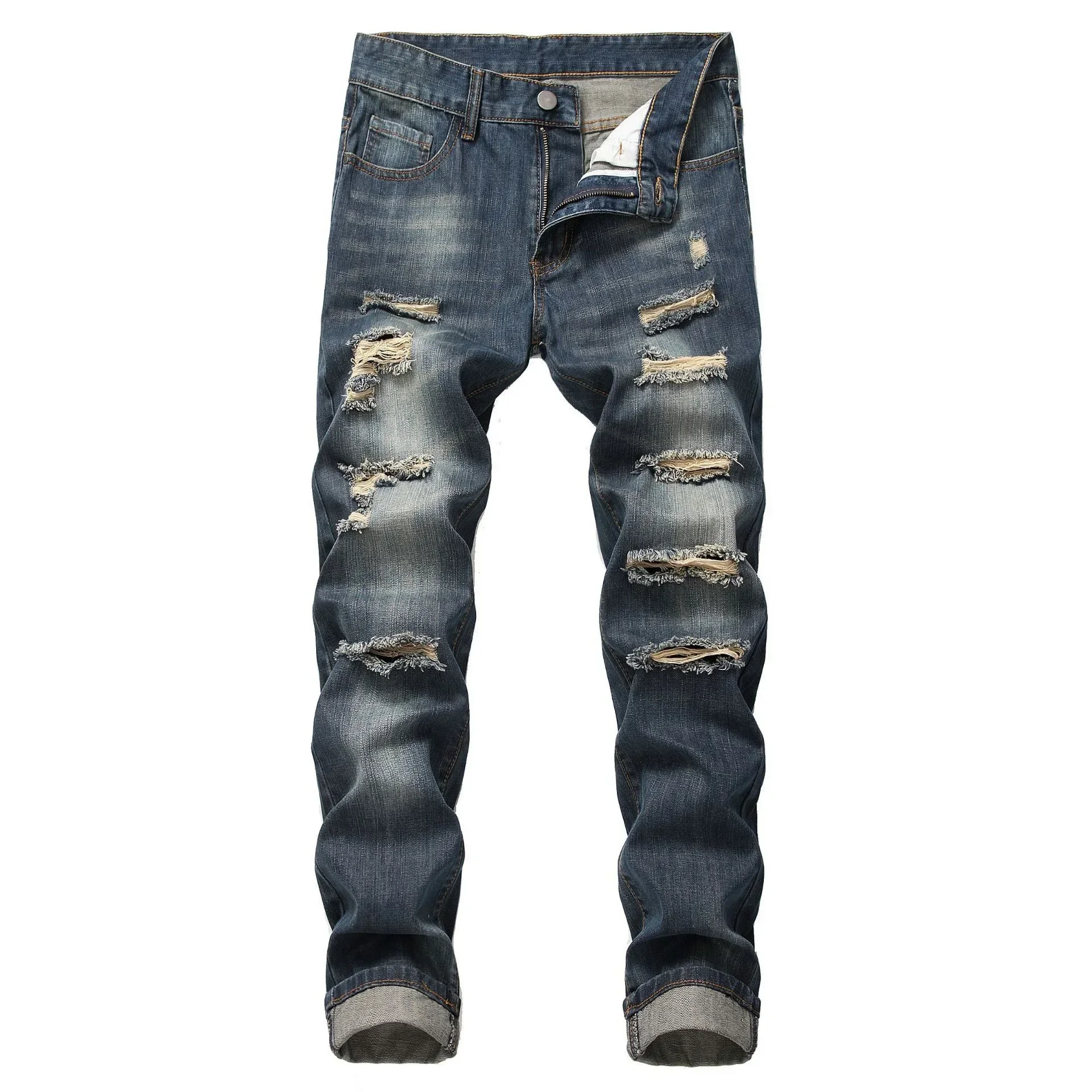 New Style North American Fashionable Men's Ripped Jeans, High Street, Straight Tube, Slim-fit, Buttoned, Non-stretch Long-length