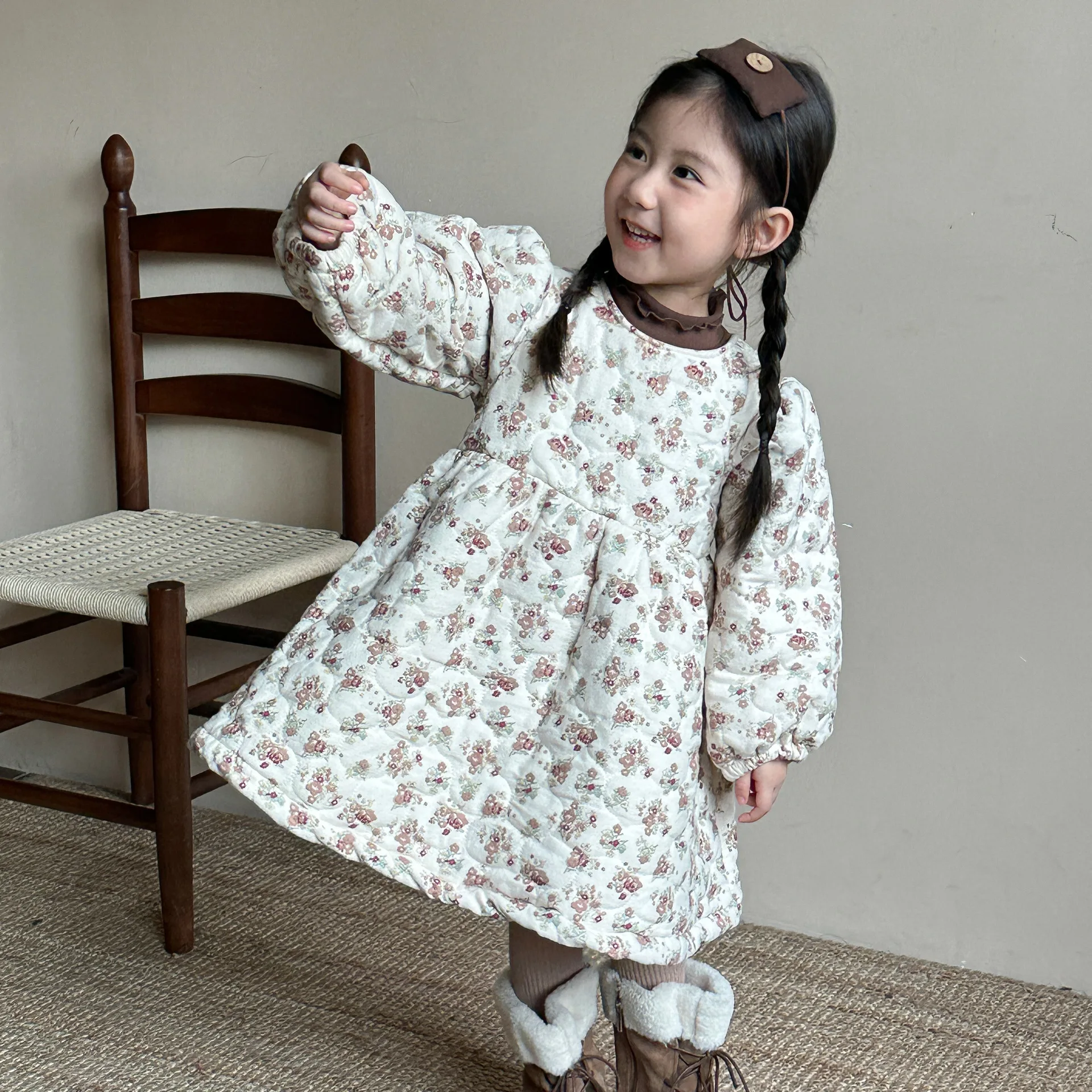 2024 Winter Kids Girls Cotton Padded Dress Velvet Floral Patterns Stylish Thick Baby Girls Princess Dress Children Girls Parkas