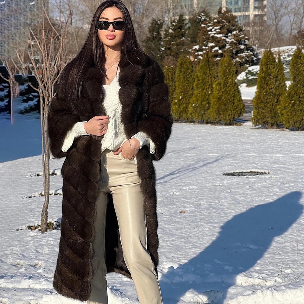 Fashion Long Real Fox Fur Coat Dark Sable Color Full Pelt Genuine Fox Fur Jacket with Lapel Colla Winter Woman Thick Fur Outwear