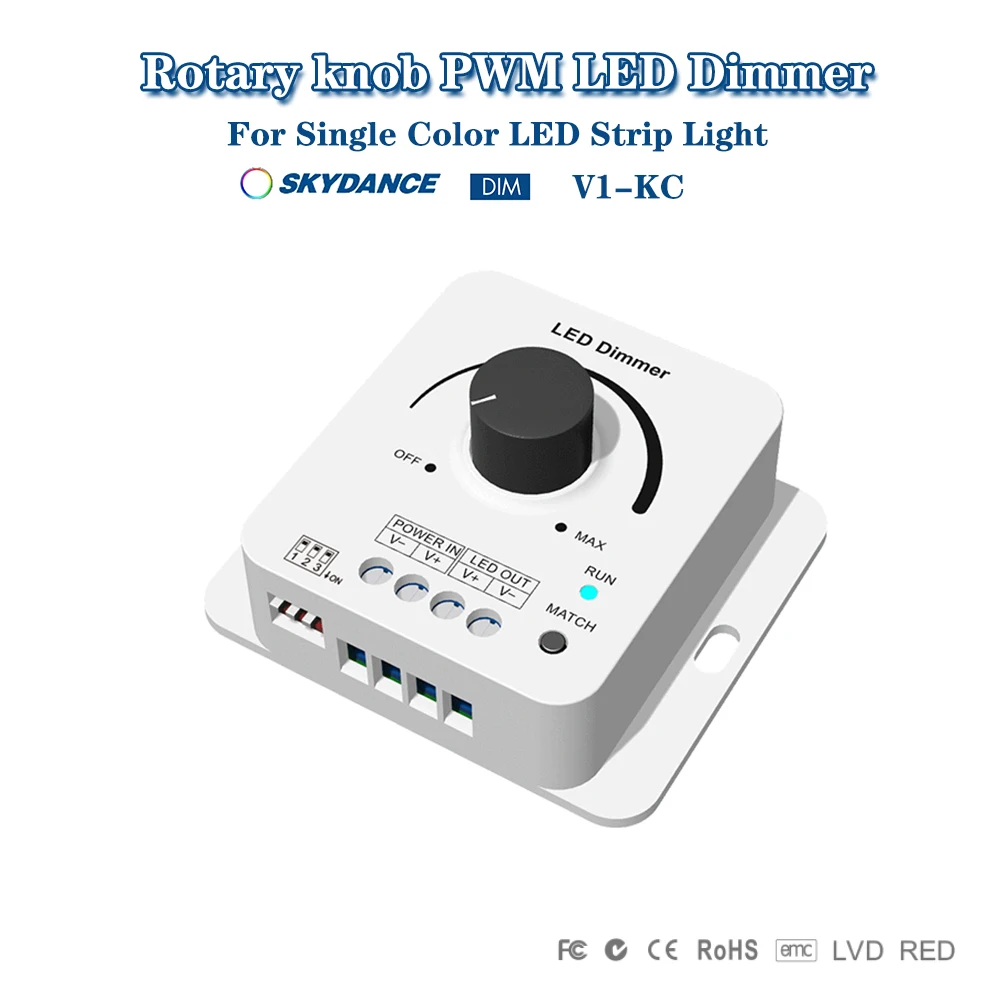Skydance V1-KC DC12-48V Rotary knob 8A PWM LED Dimmer Switch Brightness Adjustable Controller For Single Color LED Strip Light