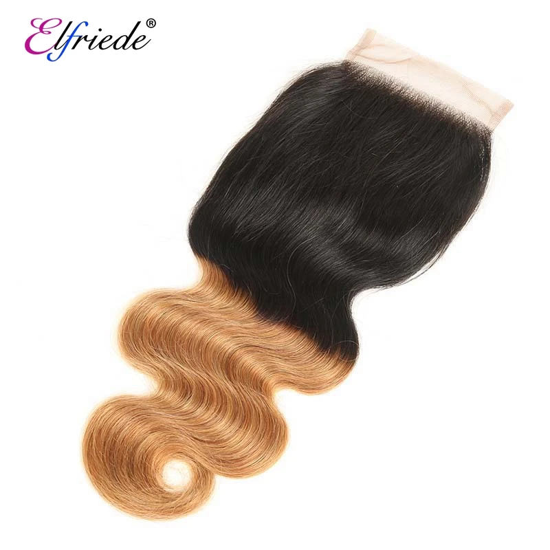 ElfriEZE-Honey Blonde Body Wave Ombre Color Hair Bundles com Encerramento, Cabelo Humano Tece, 3 Pacotes com Encerramento de Renda, T1B/27, 4x4