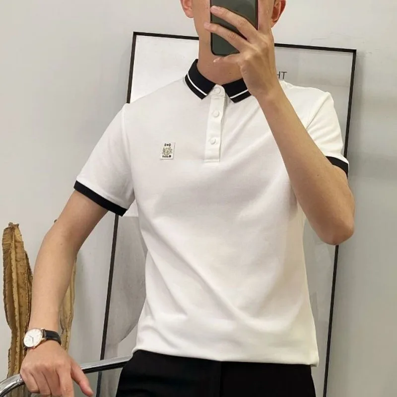 

Business Casual 2024 Summer New Men's Color Polo-Neck Embroidery Spliced Casual Fashion Trendy Slim Short Sleeve T-shirt Tops