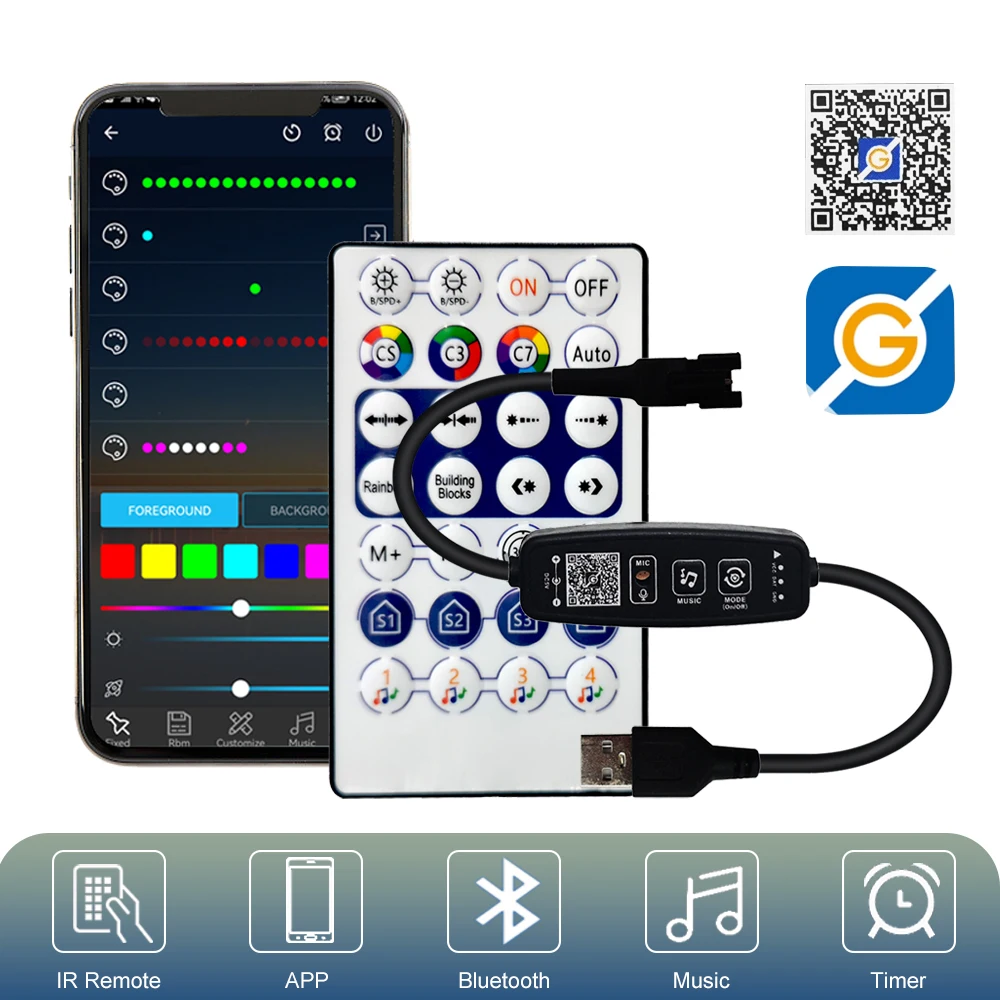 DC5-24V-botón de control remoto IR con Bluetooth, micrófono de música de 3 pines direccionable individualmente, tira de luz 5050 RGB, anillo de Panel