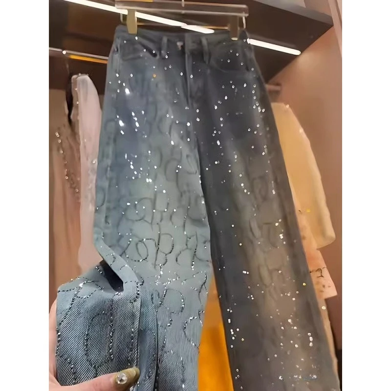 Jean strass femme 2025 |   Pantalon à jambes larges artisanaux taille haute, pantalon longueur au sol coupe droite coupe ample printemps-automne