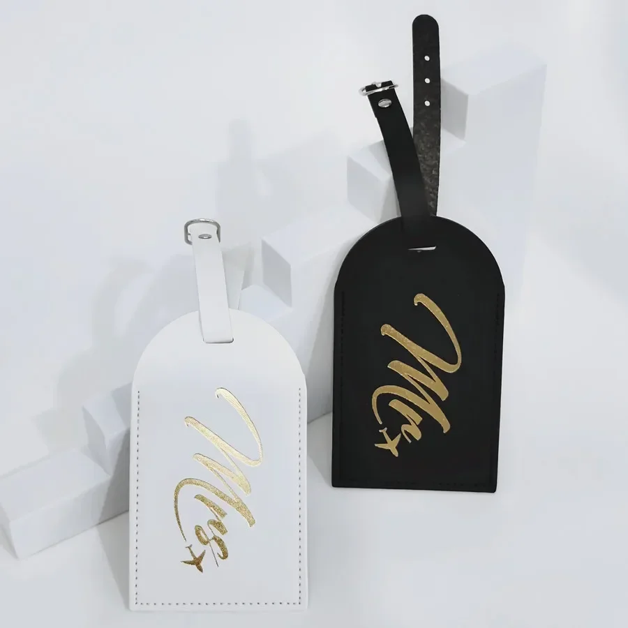 2 unids/set Mr Mrs parejas etiqueta de equipaje etiqueta de maleta colgante con tarjetas de identificación de nombre accesorios de viaje de cuero PU antipérdida para vuelo