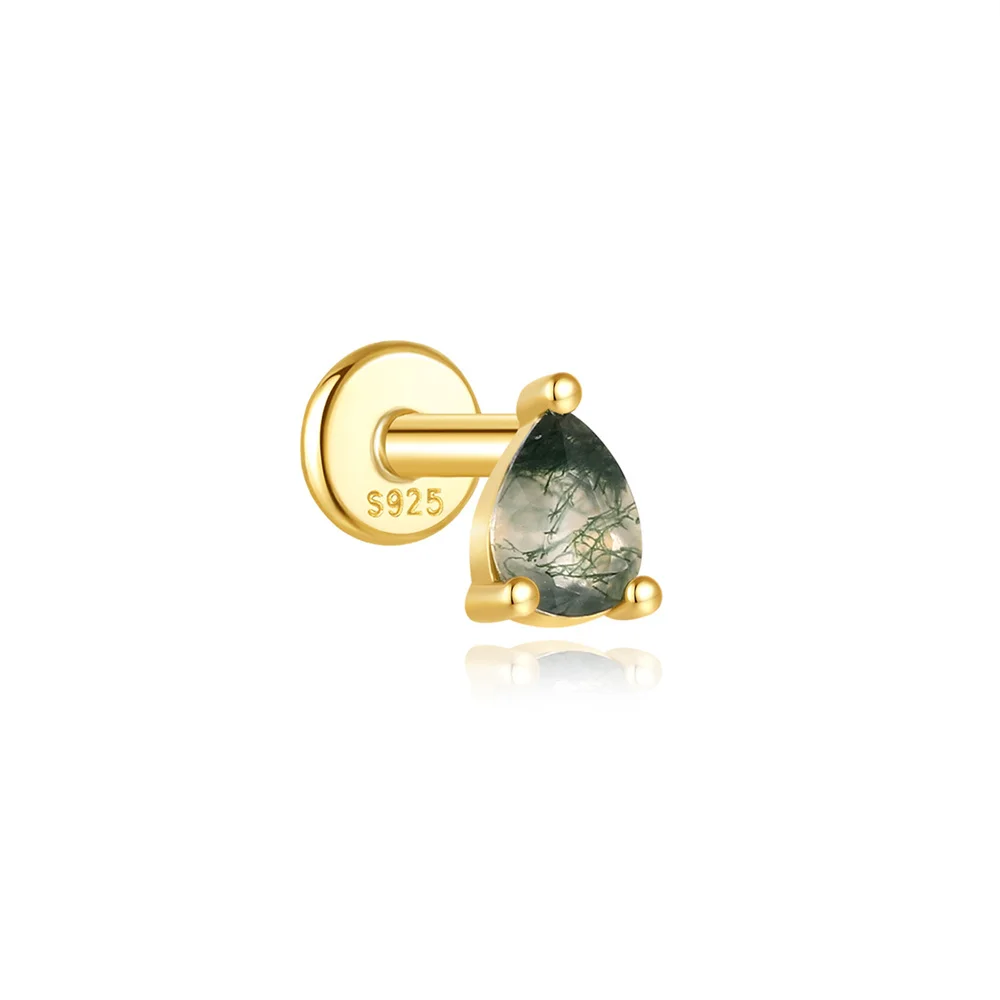 AIDE Wasser Gras Achat 925 Sterling Silber Flachkopf Faden Piercing Ohrring Grünes Moos Piercing Ohr Knochen Ohrring Schmuck 1 Stück