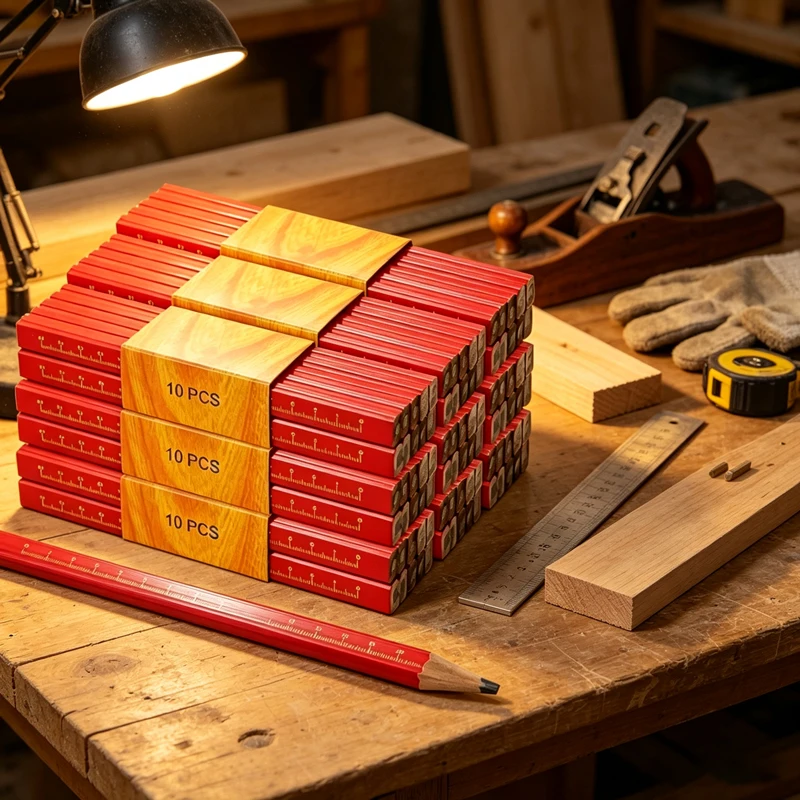 10/50/100Pcs Octagonal Red Woodworking Pencils, Flat Head HB Marking Pens for Carpenter Wood Line Drawing