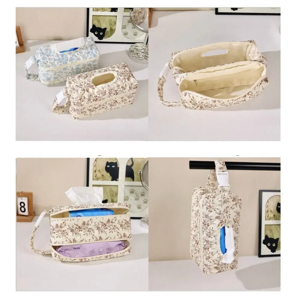Dual Compartment Wet Tissue Storage Bag Multifunctional Quilted Tissue Dispenser Floral Design Reusable Portable Napkin Holder