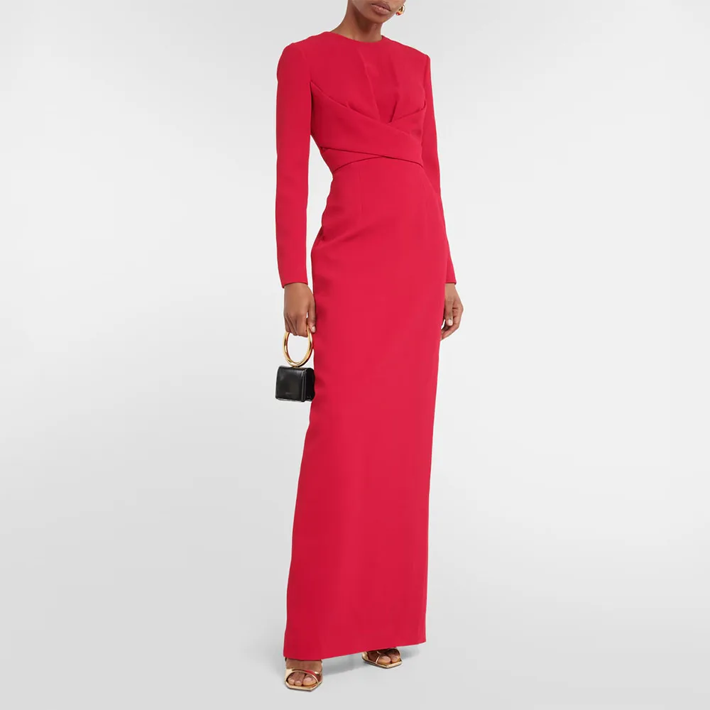 

Customized Prom Dress Maxi O Neck Pleated Criss-Cross Column Evening Dresses Long Sleeves Back Split Modern Formal Party Dresses