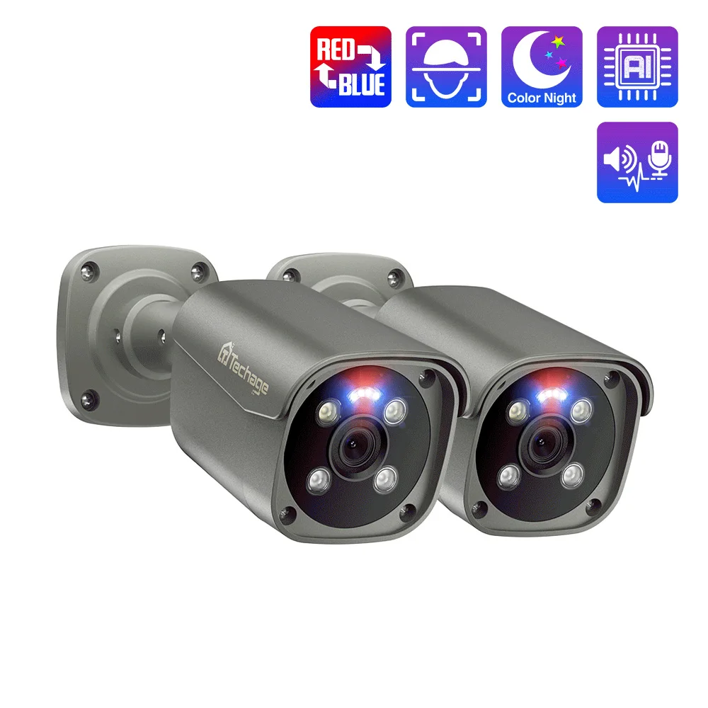 

Techage UHD 5MP 4K 8MP камера безопасности POE Smart AI Человек обнаруживает наружное двустороннее аудио IP камера Color Night