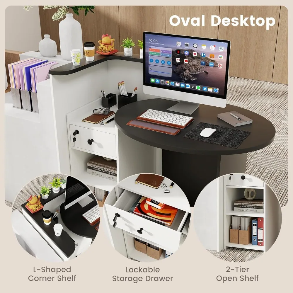 Reception Desk, Small Retail Checkout Counter with Lockable Drawer and Open Shelves, Wooden Computer Workstation for Home Office