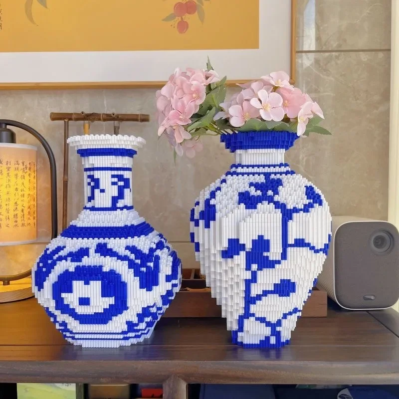 Creative DIY Chinese Style Blue and White Porcelain Vase Puzzle Building Block Educational Boy Toys for Children Brick Gift