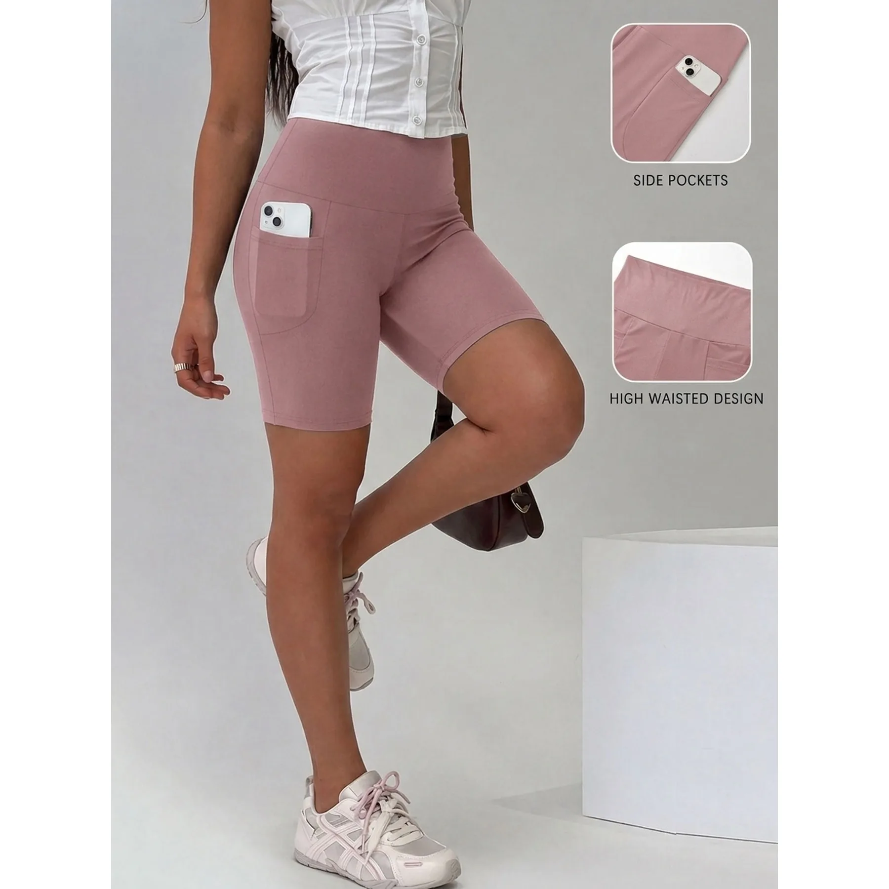 Damen Biker-Shorts mit Taschen, hoher Bund, superweich, blickdicht, Bauchkontrolle, für Laufen und Yoga – Detail 2