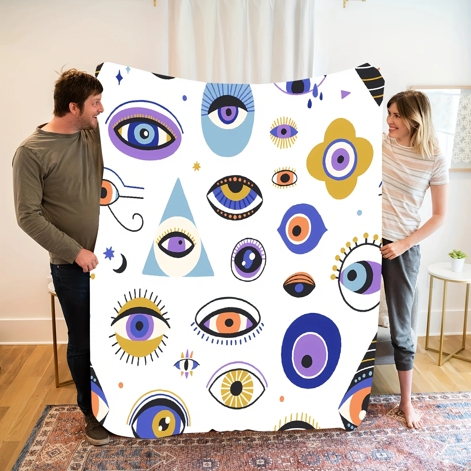 Bohemian Evil Eye Print Fleece Blanket – Soft, Warm, – Perfect for Naps, Camping, Travel, and Home Decor