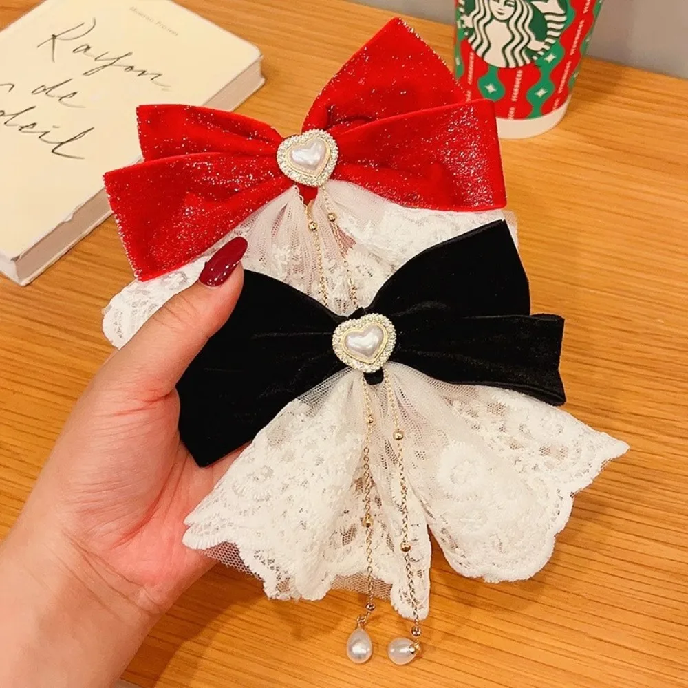 

1pc Velvet Bow Heart-shaped Pearl Hair Clip Red Black Contrasting Lace Skirt Tassel Decoration Retro Sweet Girl Lolita Daily