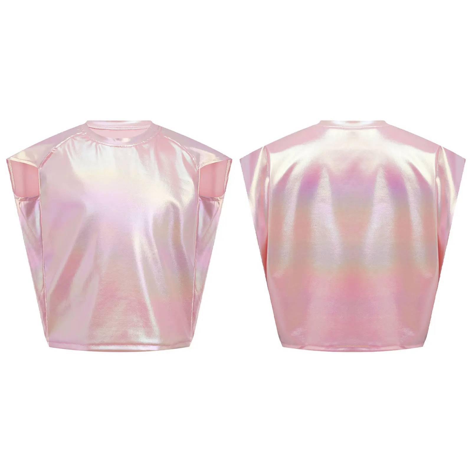 

Kids Girls Boys Shiny Metallic T-Shirts Hip-hop Cheerleading Dance Top Cap Sleeve Round Neck Crop Top Tees Performance Costume