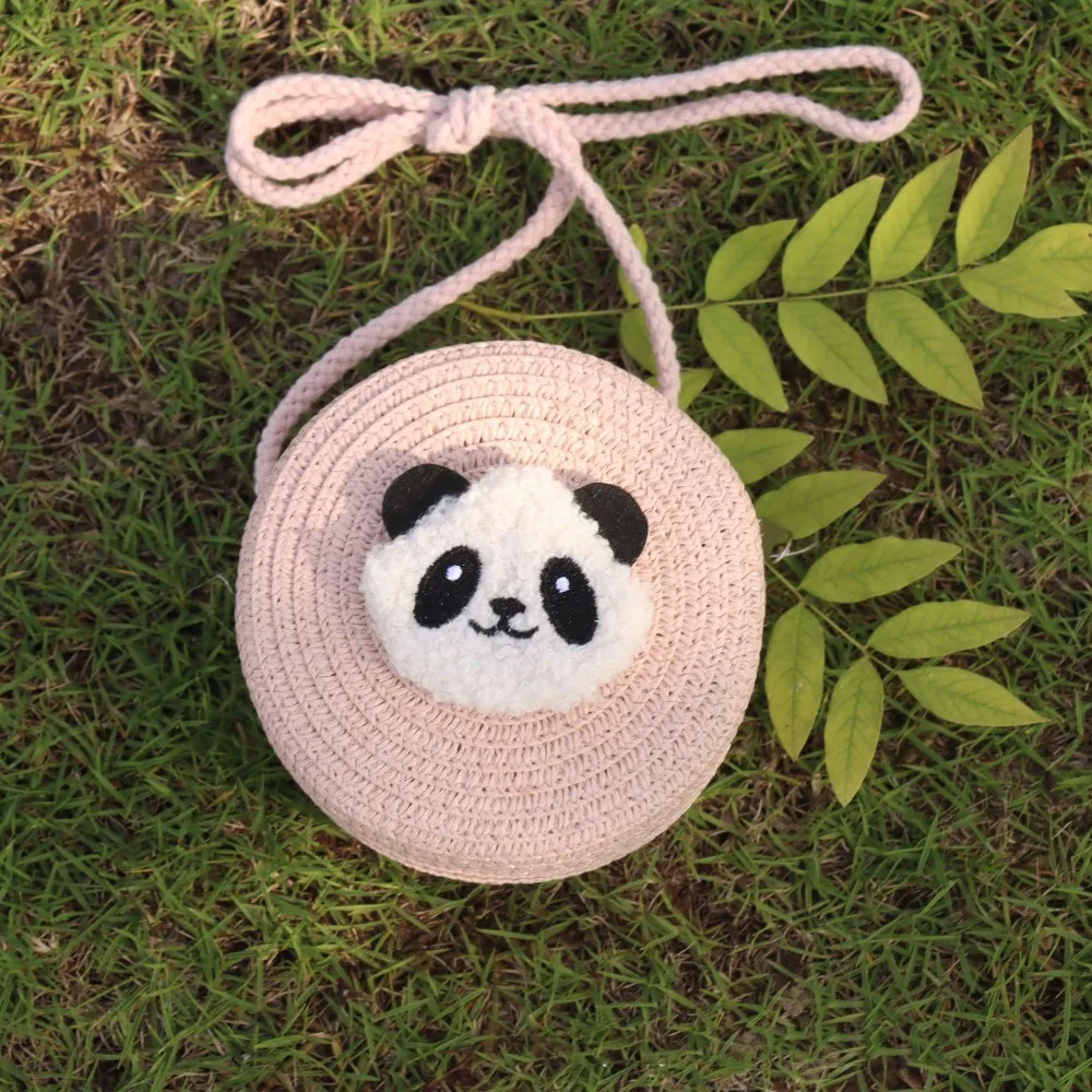 

Новая милая соломенная сумка с пандой, мини-легкая женская сумка через плечо, круглая молния, летняя пляжная сумка